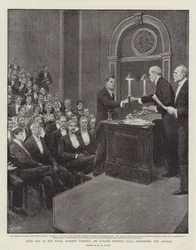 Prize Day at the Royal Academy Schools, Sir Edward Poynter, PRA, presenting the Awards
